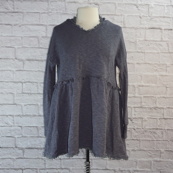 Blue Raw Hem Oversized Tunic Hooded Sweatshirt - Picture 2 of 8